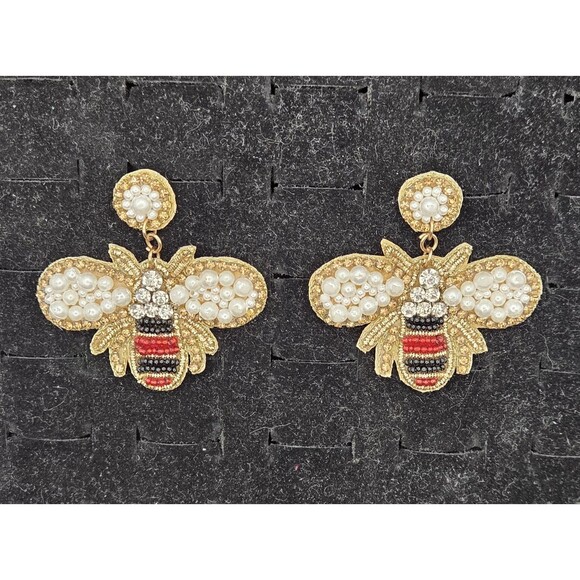 Source Unknown Jewelry - Bee Earrings Pearl Beads, Topaz and Clear Rhinestones Red Black Beads, Soft Body